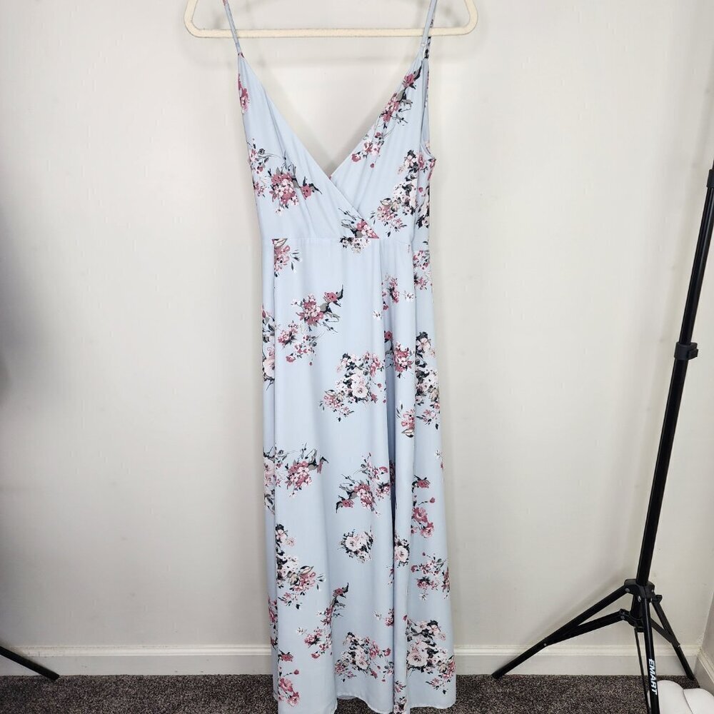 WAYF Angelina Slit Floral Wrap Gown Blue Size Medium - Picture 7 of 15